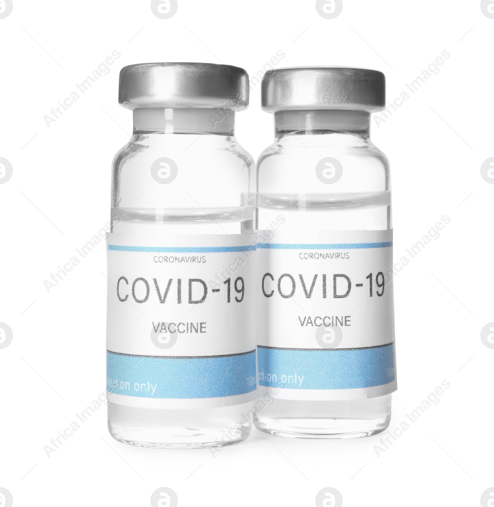 Photo of Vials with vaccine against coronavirus on white background