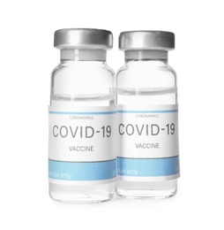 Photo of Vials with vaccine against coronavirus on white background