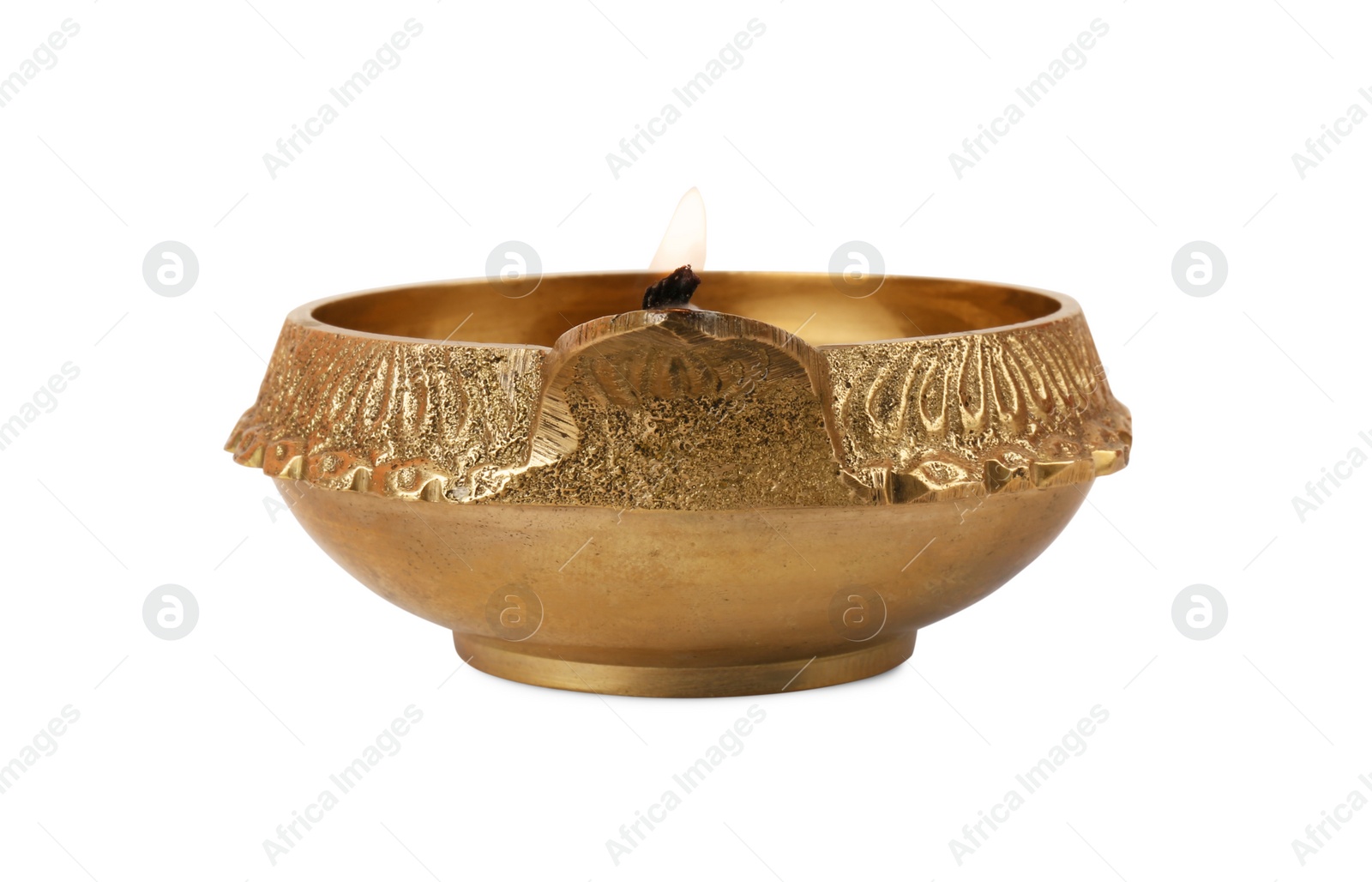 Photo of Lit diya lamp isolated on white. Diwali celebration