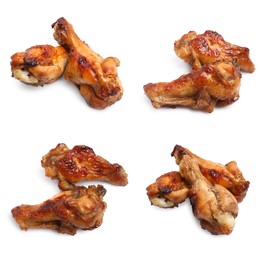 Set with tasty roasted chicken wings on white background