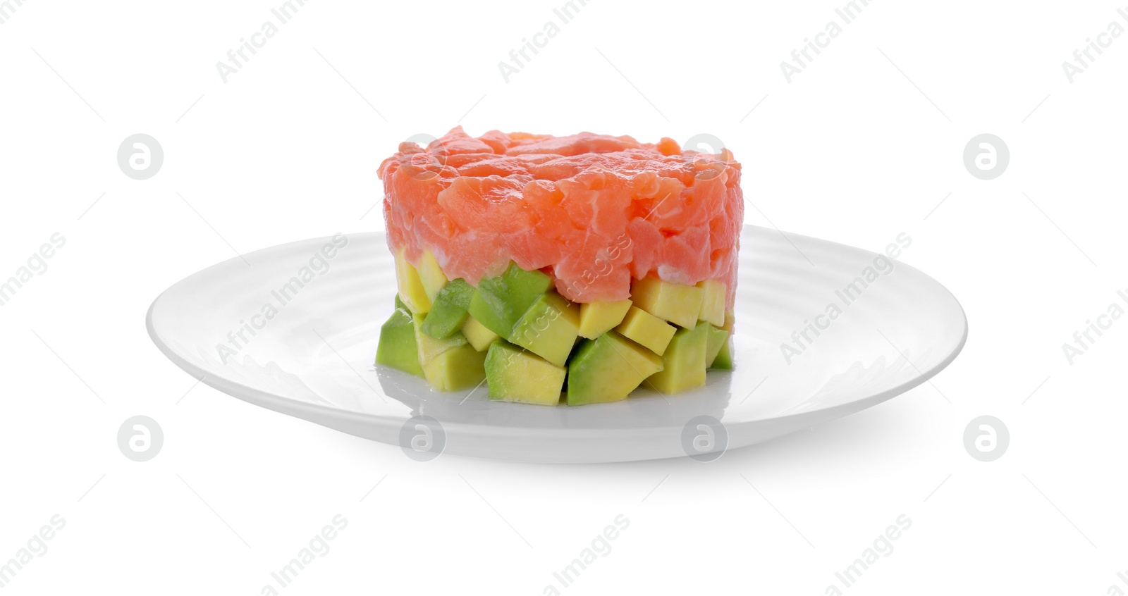 Photo of Fresh tasty salmon tartare with avocado isolated on white