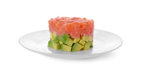 Fresh tasty salmon tartare with avocado isolated on white