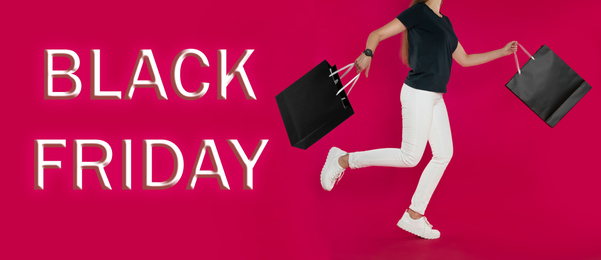 Image of Woman running with shopping bags on color background, banner design. Black Friday Sale
