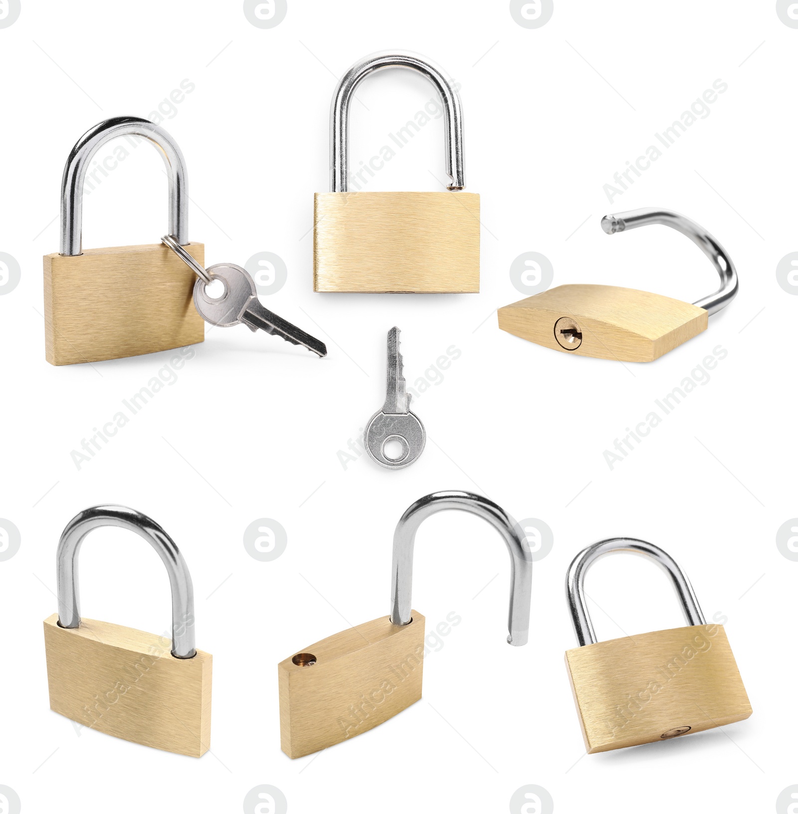 Image of Steel padlock isolated on white, different sides. Set