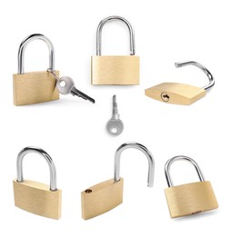 Image of Steel padlock isolated on white, different sides. Set