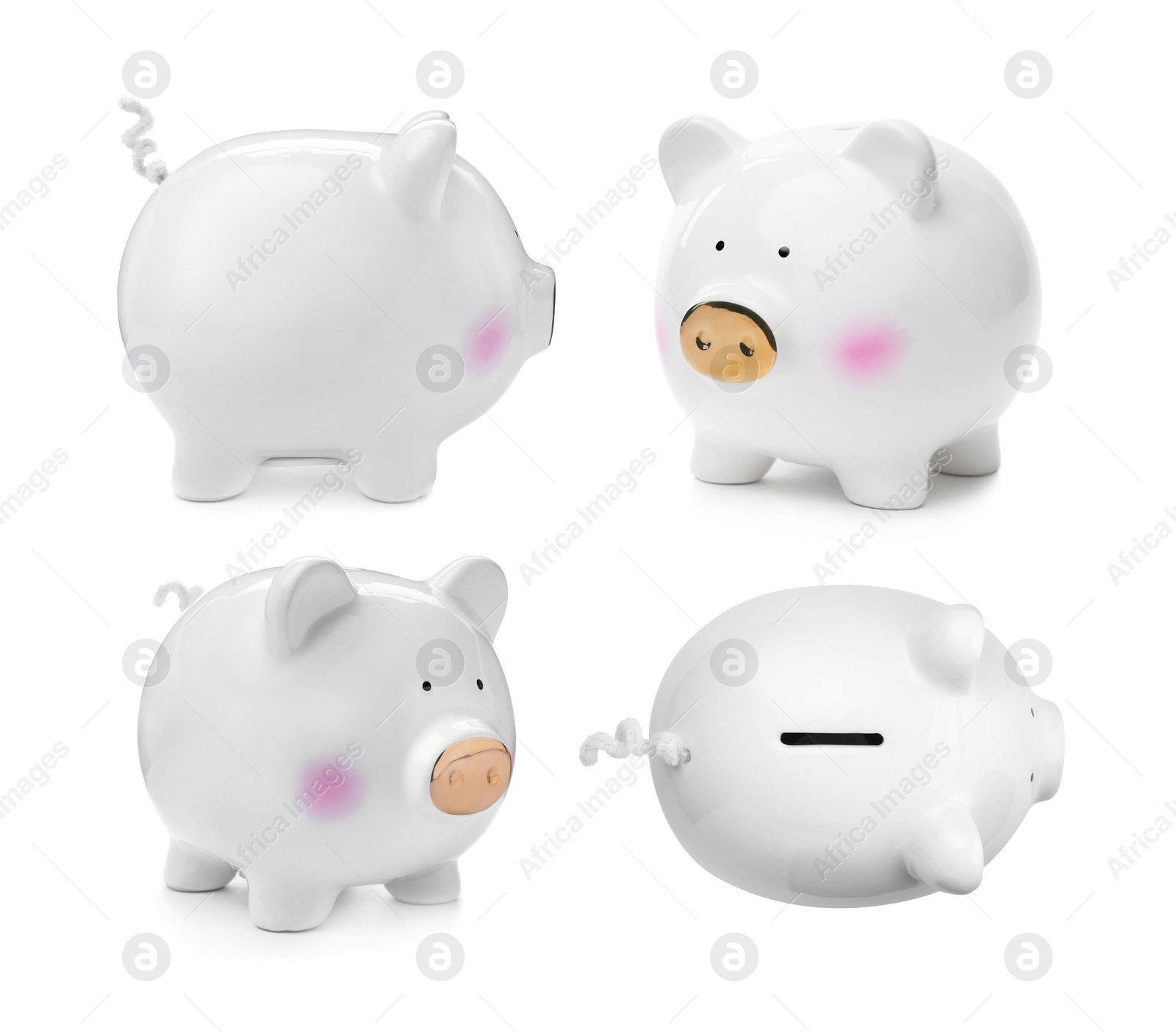 Set with ceramic piggy bank on white background Image of Set with ceramic piggy bank on white background