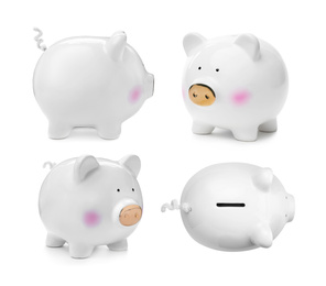 Image of Set with ceramic piggy bank on white background