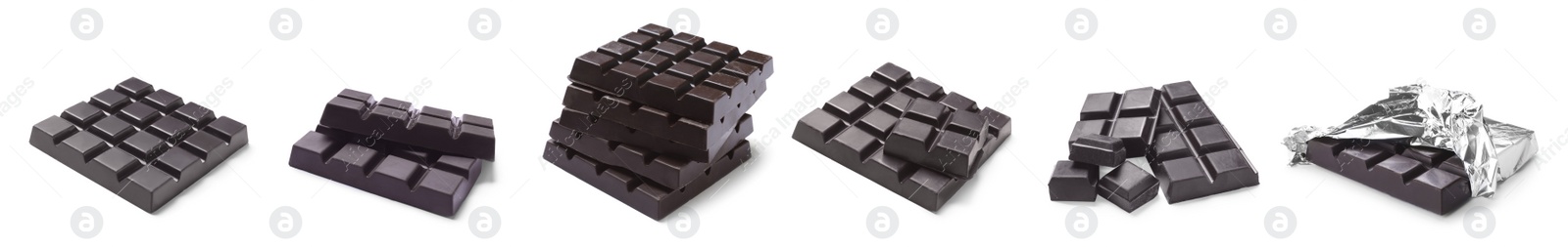 Image of Set with delicious chocolate bars on white background. Banner design