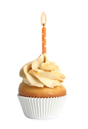 Photo of Delicious birthday cupcake with candle on white background