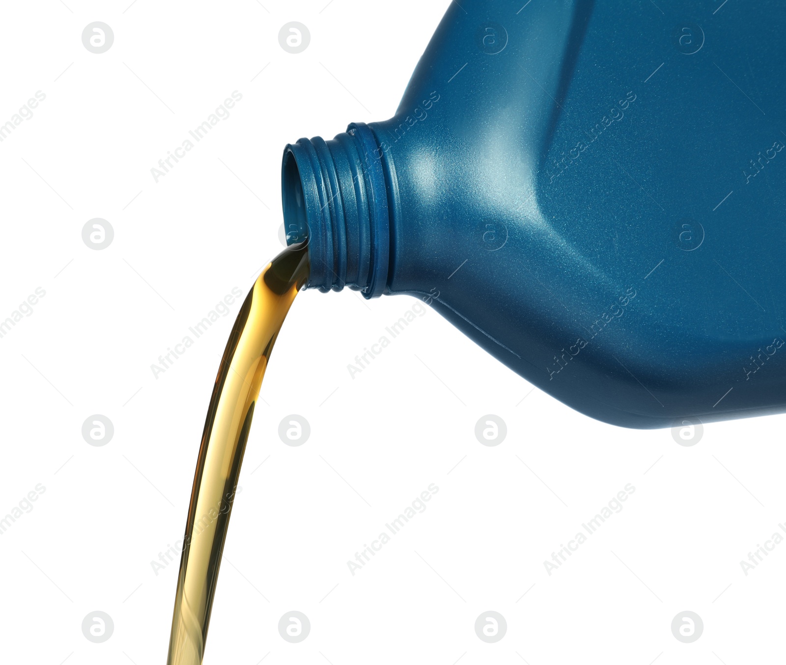 Photo of Pouring motor oil from blue container on white background, closeup