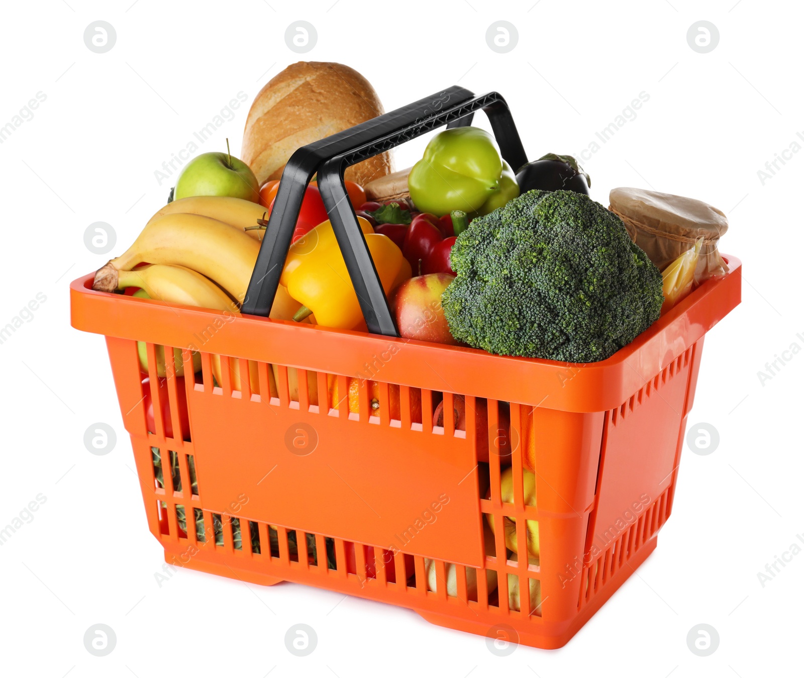 Photo of Shopping basket with grocery products on white background