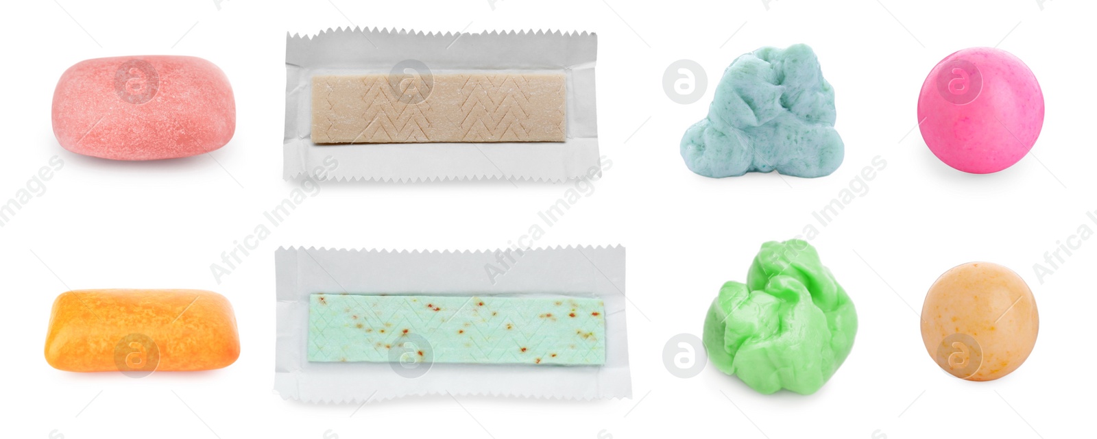 Image of Set of different chewing gums on white background