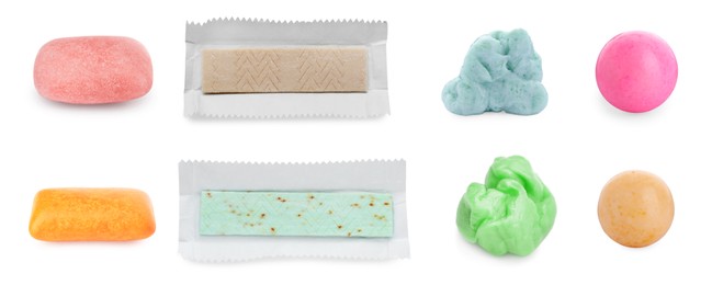 Set of different chewing gums on white background