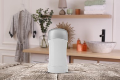 Image of Solid deodorant on wooden table in bathroom. Mockup for design
