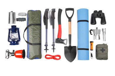 Photo of Set of camping equipment on white background, top view. Packing for trip
