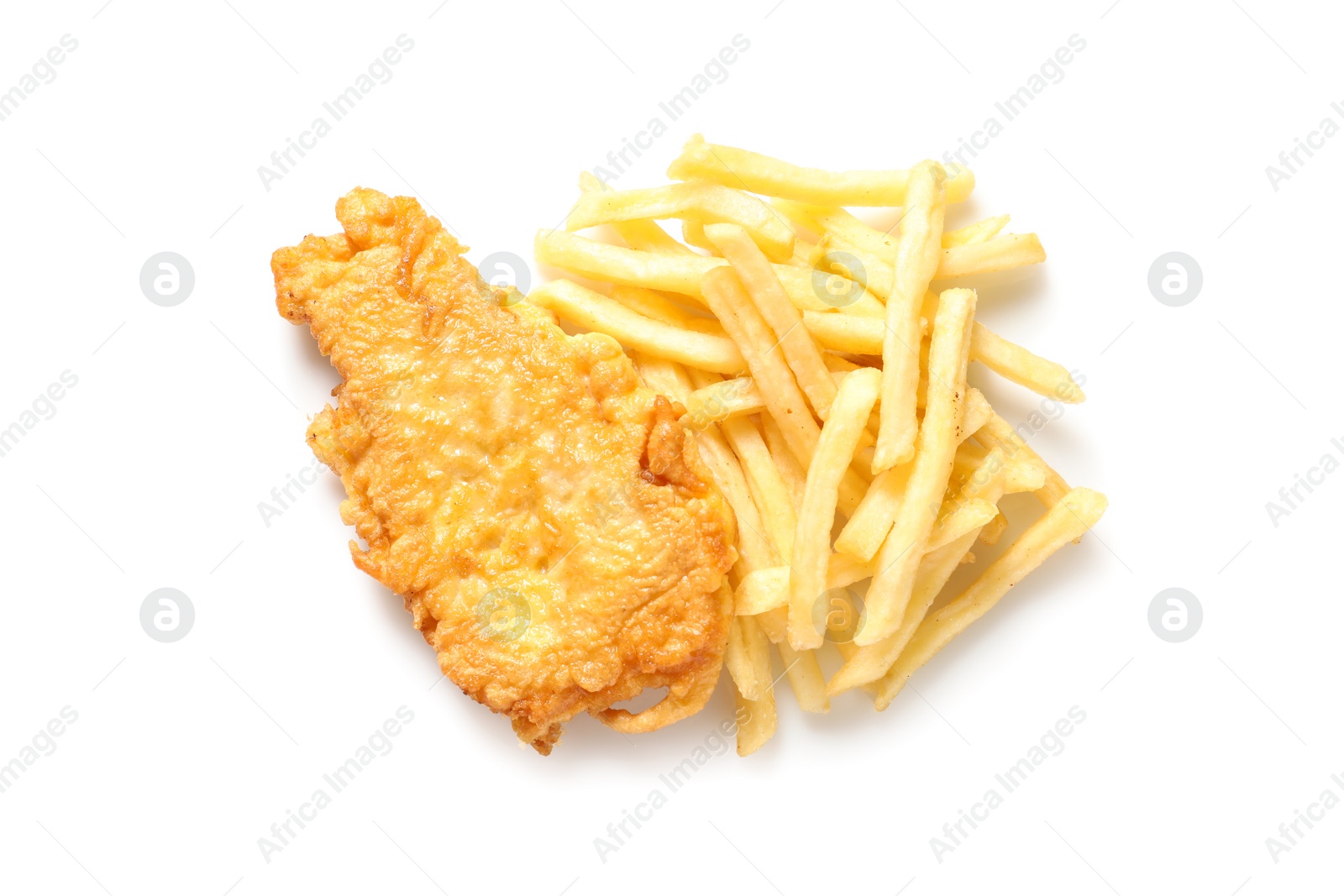 Photo of British Traditional Fish and potato chips on white background