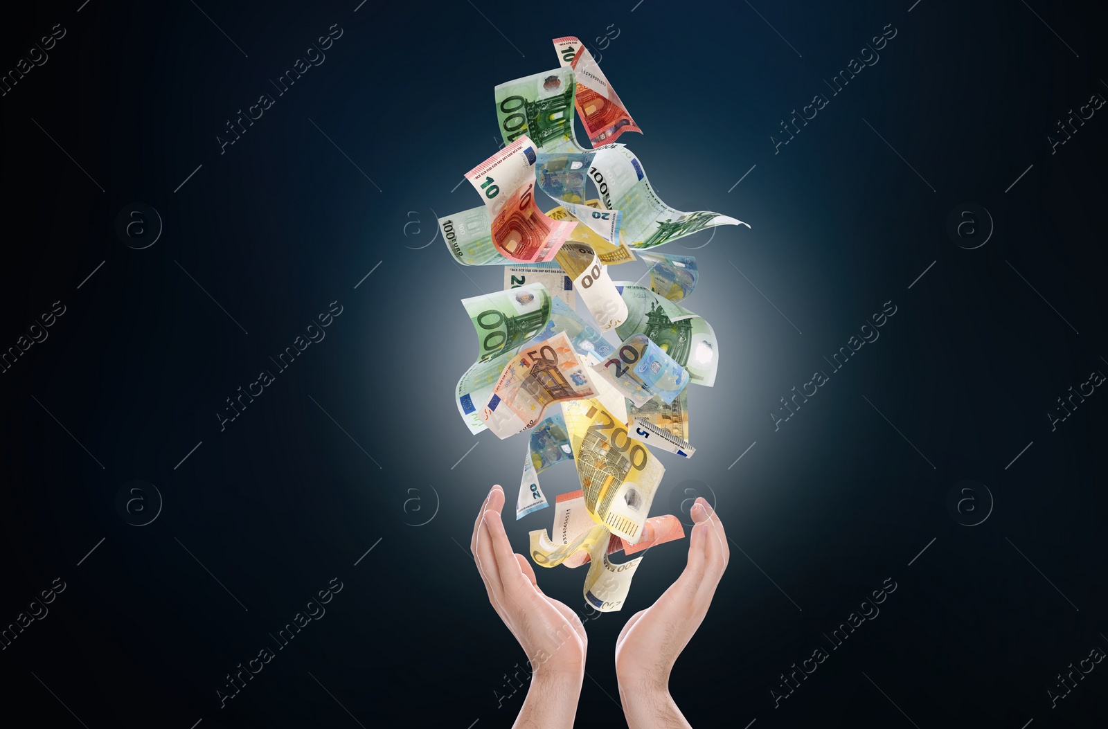 Image of Man with catching money on dark background, closeup. Currency exchange