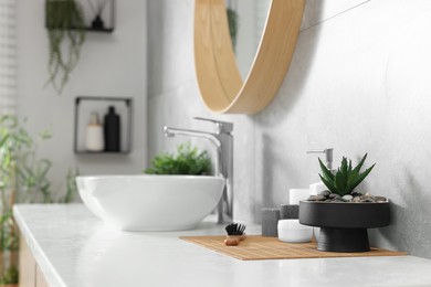 Photo of Potted artificial plants and toiletries near sink on bathroom vanity