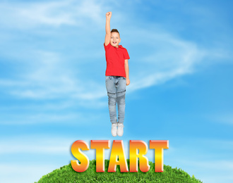 Image of Cute little boy and word START against blue sky