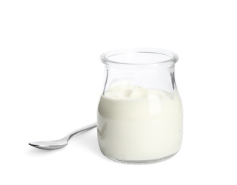 Photo of Tasty organic yogurt in glass jar and spoon isolated on white