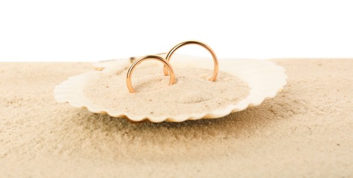 Photo of Honeymoon concept. Two golden rings in shell and sand isolated on white