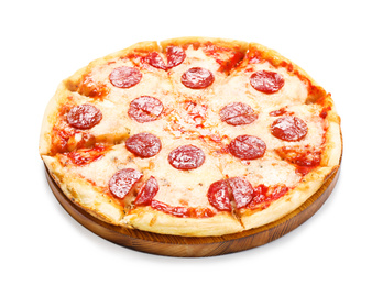 Hot delicious pepperoni pizza on white background