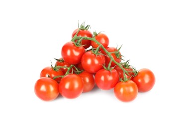 Photo of Branches of red ripe cherry tomatoes isolated on white