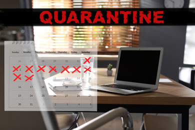 Image of Workplace with laptop at home and calendar. Quarantine during coronavirus outbreak