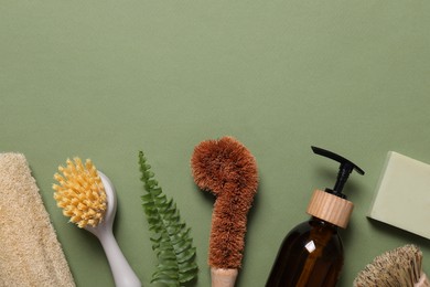 Photo of Cleaning brushes, loofah, soap bar, dispenser and fern leaf on green background, flat lay. Space for text