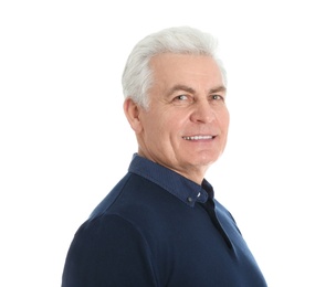 Portrait of handsome mature man on white background