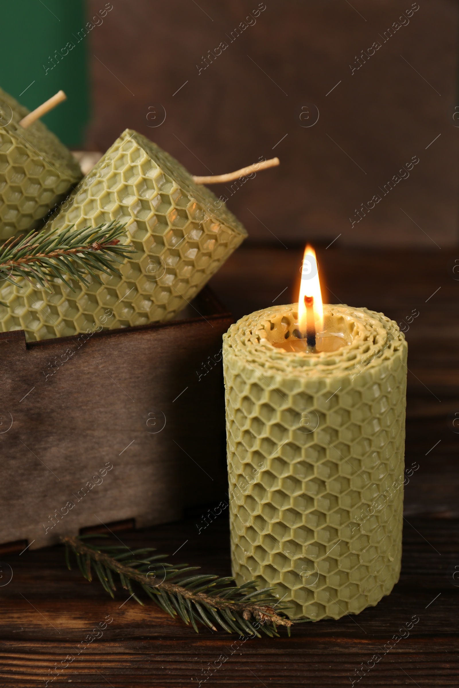 Photo of Stylish elegant beeswax candles with spruce branches on wooden table