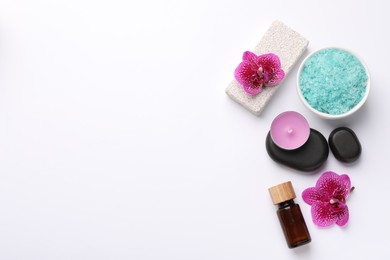 Flat lay composition with different spa products on white background, space for text