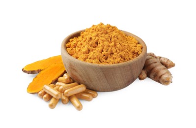 Photo of Bowl of aromatic turmeric powder, pills and raw roots isolated on white