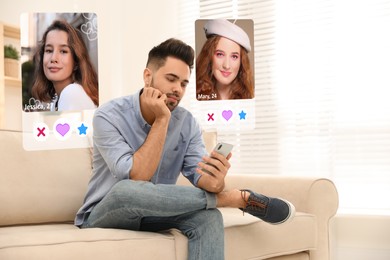 Image of Looking for partner via dating site. Man using smartphone indoors. Women's profiles with photos and information