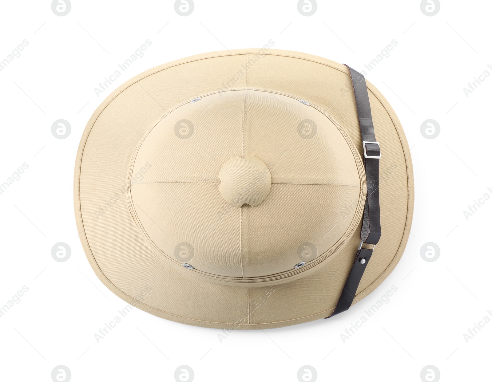 Photo of Stylish safari hat isolated on white, top view. Trendy headdress