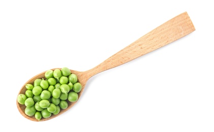 Photo of Spoon with green peas on white background, top view