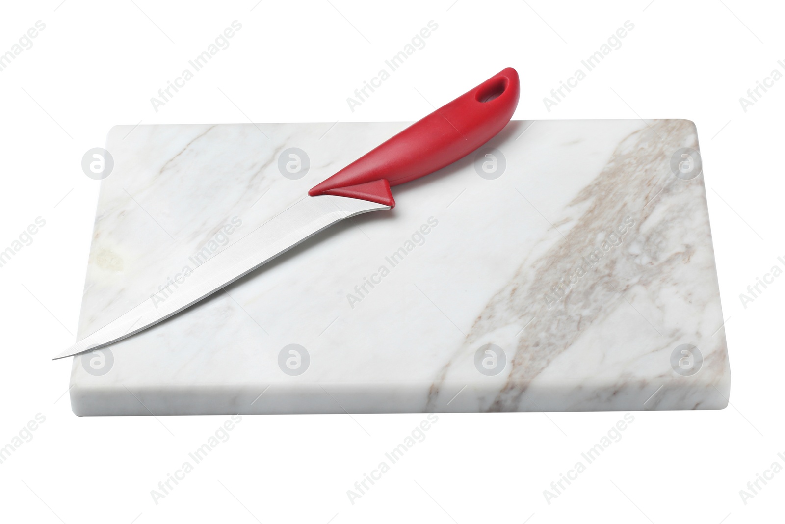 Photo of Boning knife and marble board isolated on white