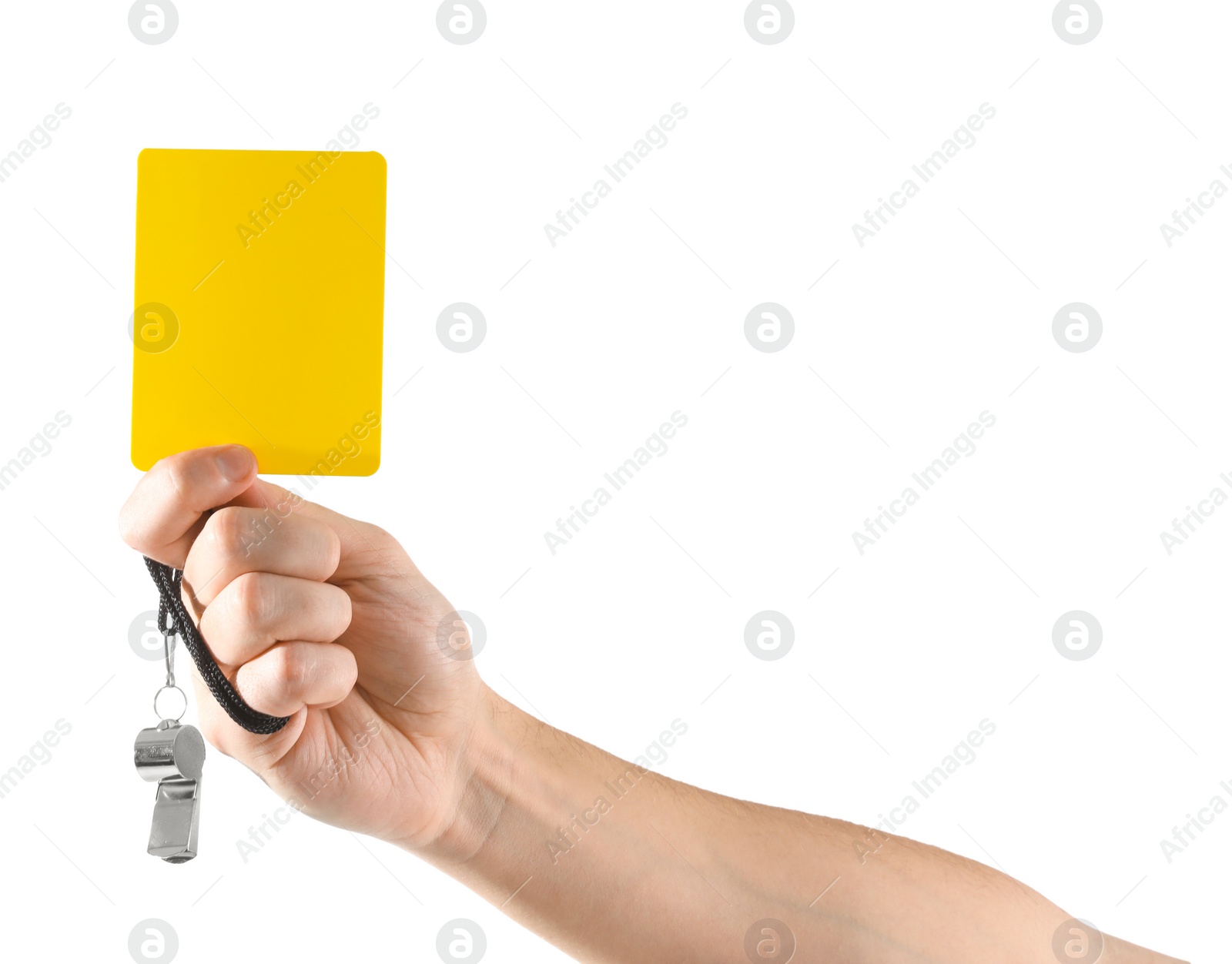 Photo of Referee holding yellow card and whistle on white background, closeup