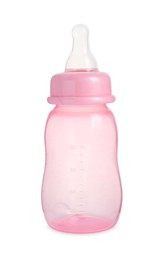 Photo of Empty pink feeding bottle for infant formula isolated on white