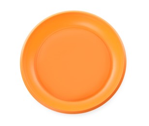 Photo of Disposable orange plastic plate isolated on white, top view