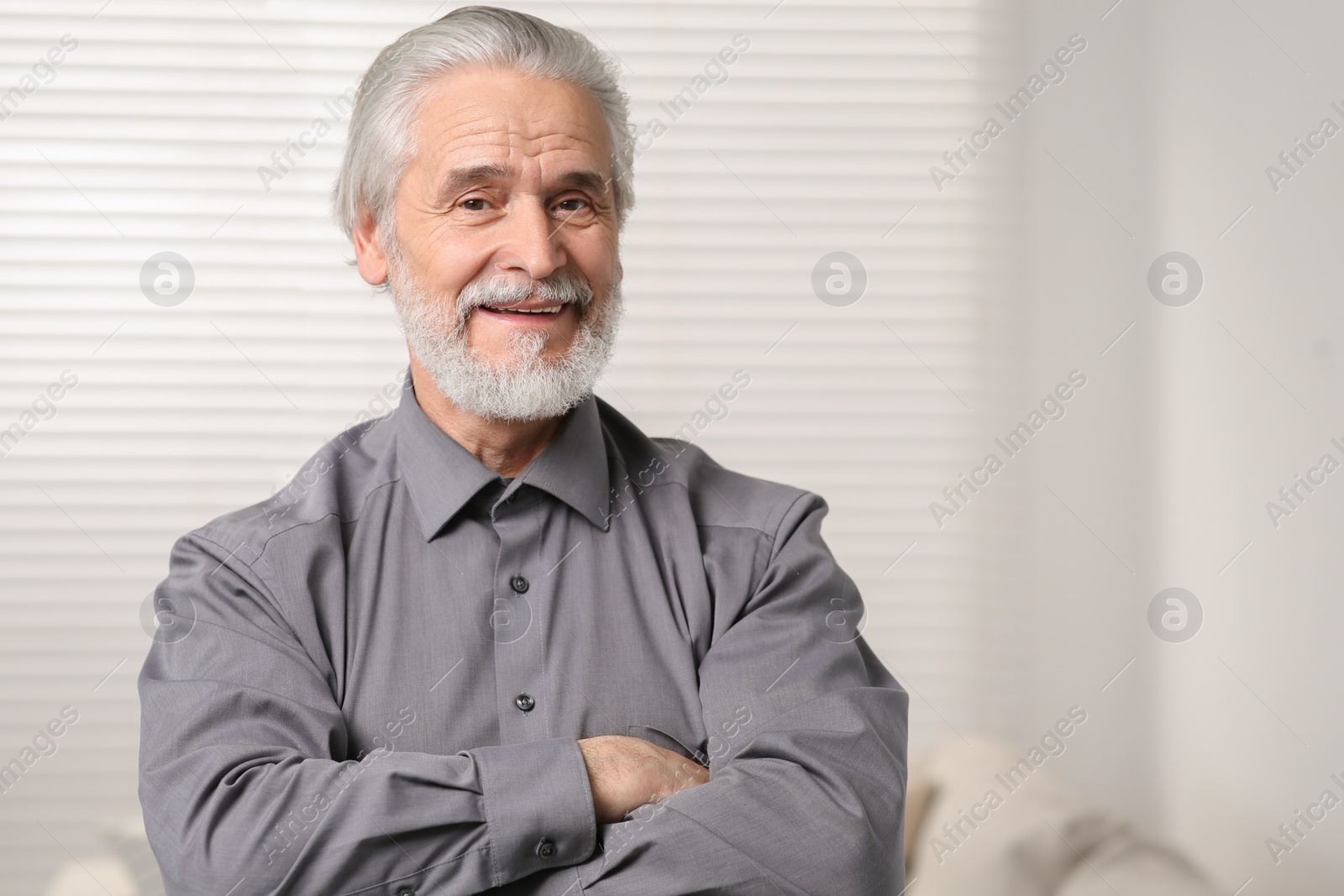 Photo of Portrait of handsome senior man at home. Space for text