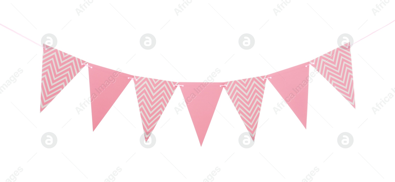 Photo of Triangular bunting flags on white background. Festive decor