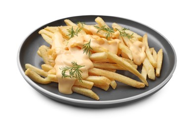 Photo of Delicious french fries with cheese sauce and dill isolated on white