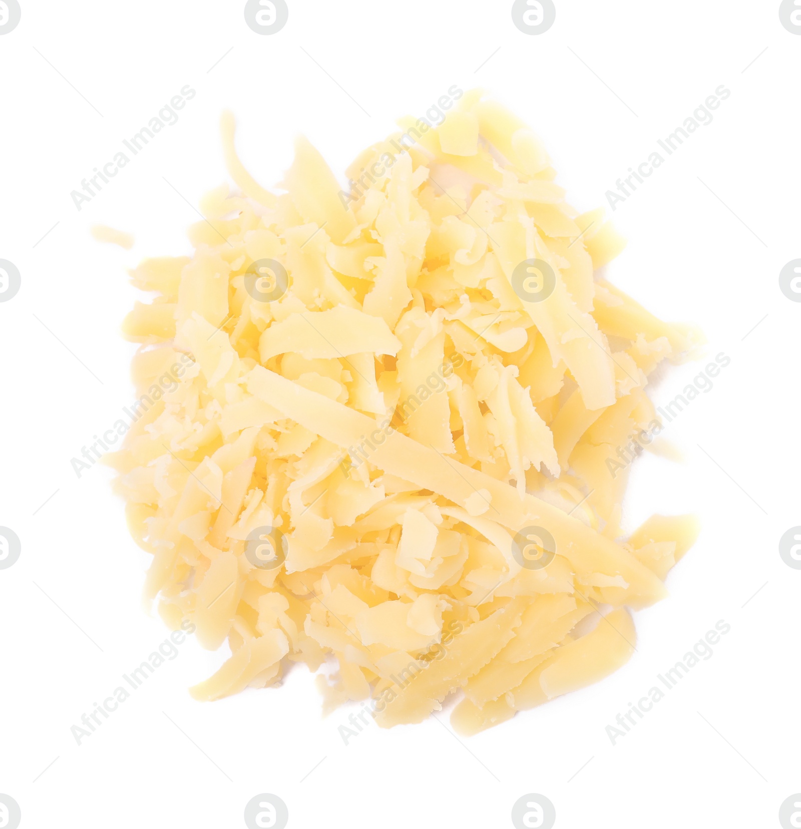 Photo of Pile of tasty grated cheese isolated on white, top view