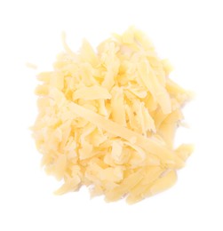 Pile of tasty grated cheese isolated on white, top view