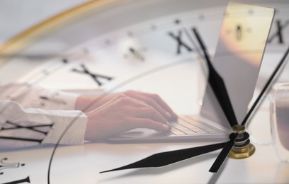 Image of Woman and clock, double exposure. Time concept