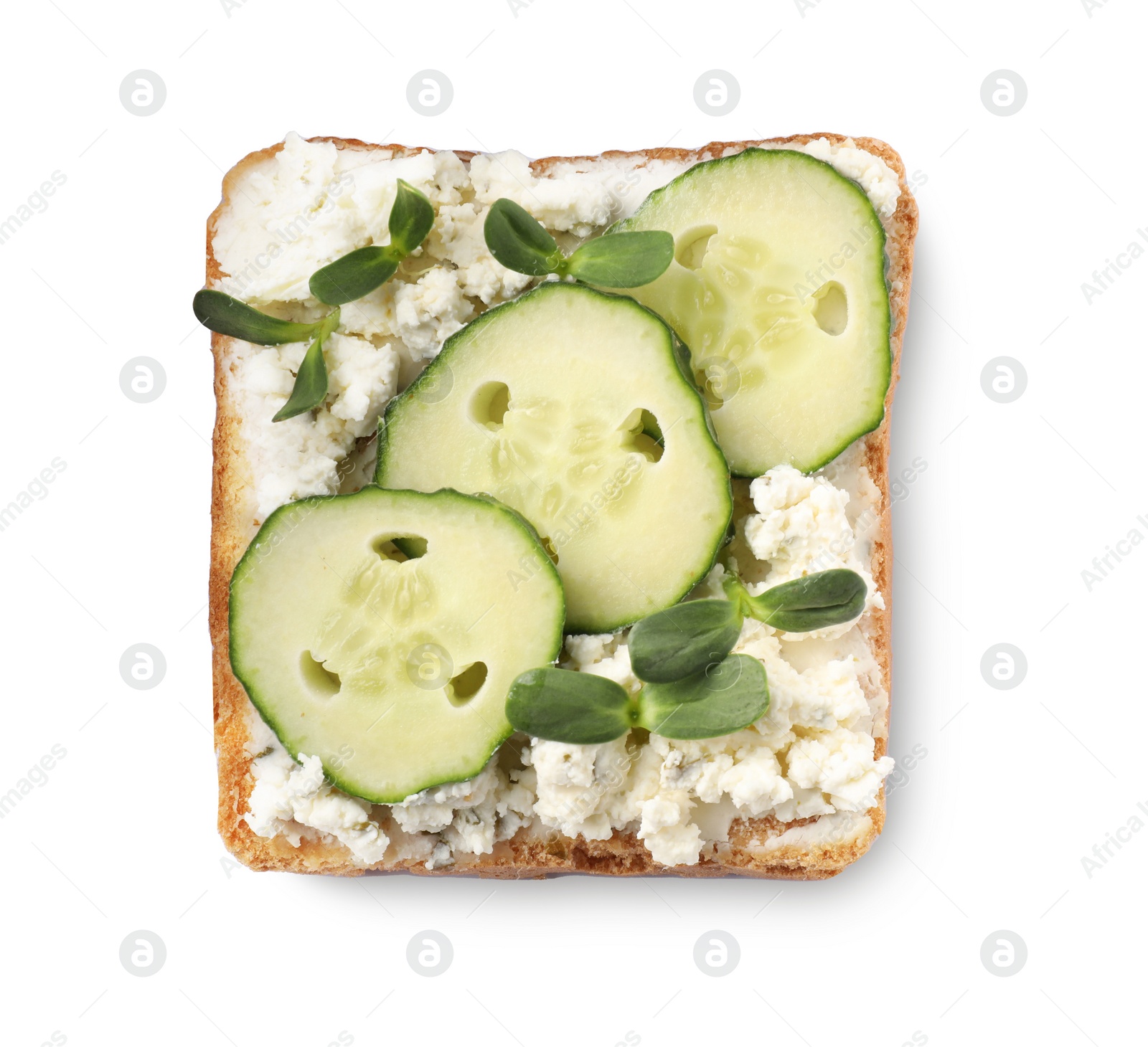 Photo of Tasty toast with cucumber, cream cheese and microgreens isolated on white, top view