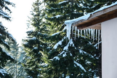 Photo of Wooden house with icicles near snowy forest. Winter vacation