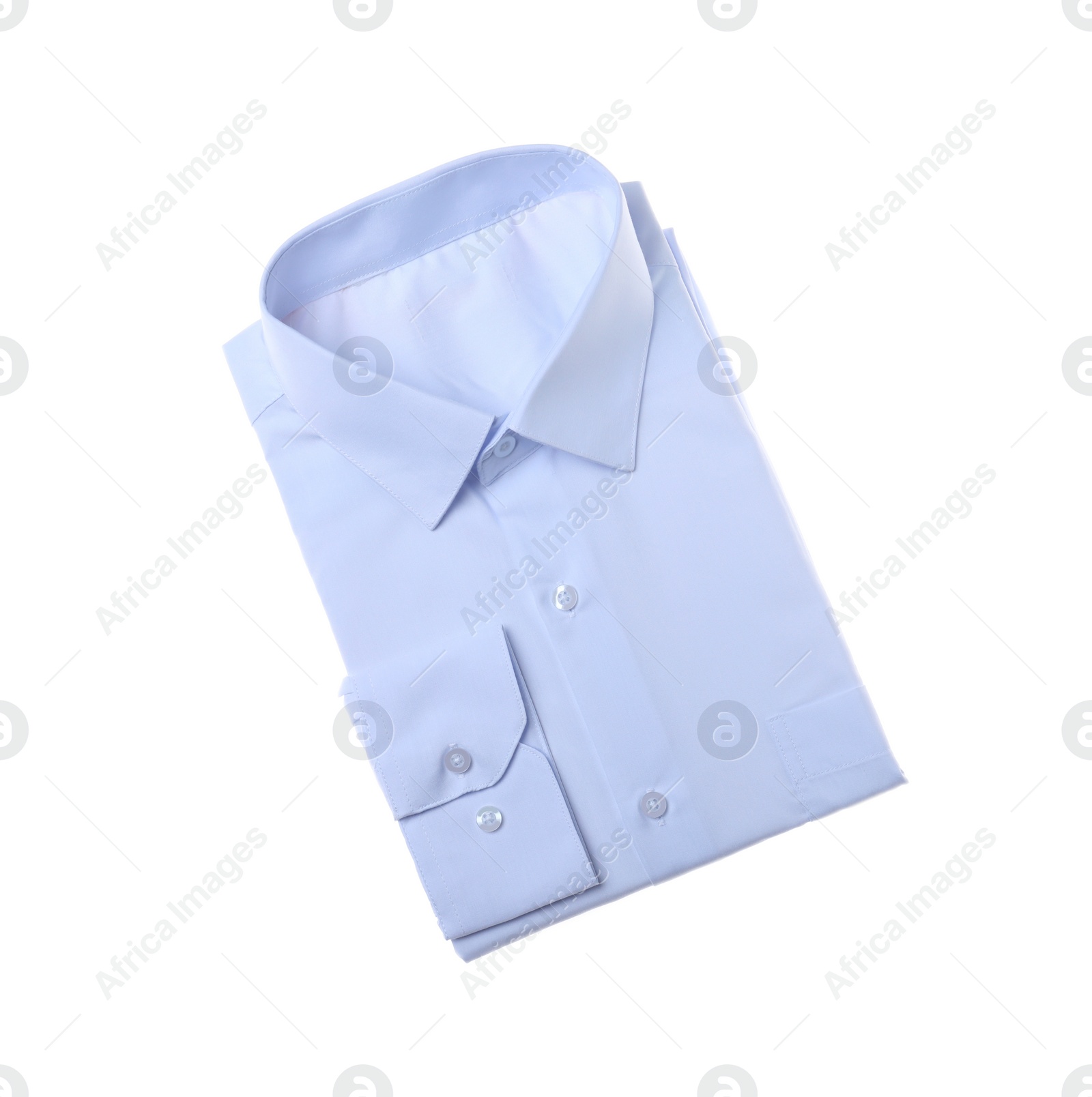 Photo of Stylish shirt isolated on white, top view. Dry-cleaning service