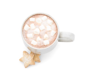 Photo of Delicious cocoa drink with marshmallows in cup and cookies on white background, view from above